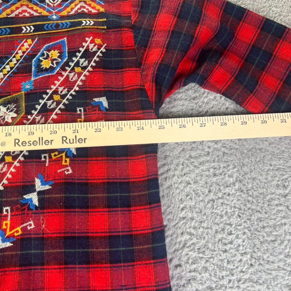 Umgee USA Top Womens Small Red Plaid Embroidered Flannel Button Aztec Western - Picture 4 of 9